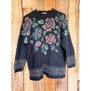 Laura Ashley Floral Wool Sweater Cottagecore GrandmaCore Navy Size S/M Vintage